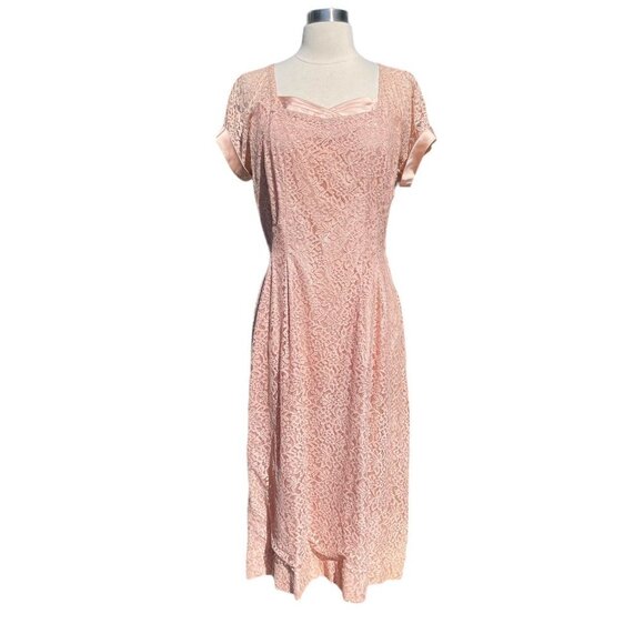 Vintage 50s R&K Originals Lace Party Cocktail A-Line Midi Dress Pleats Pale  Dust